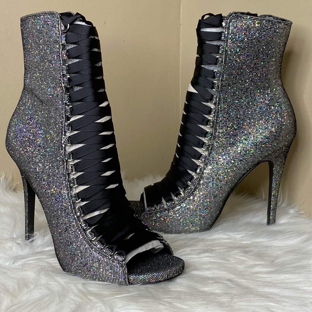 Steve Madden Iridescent Glitter Lace-Up Peep-Toe Stiletto Booties - Black Ribbon